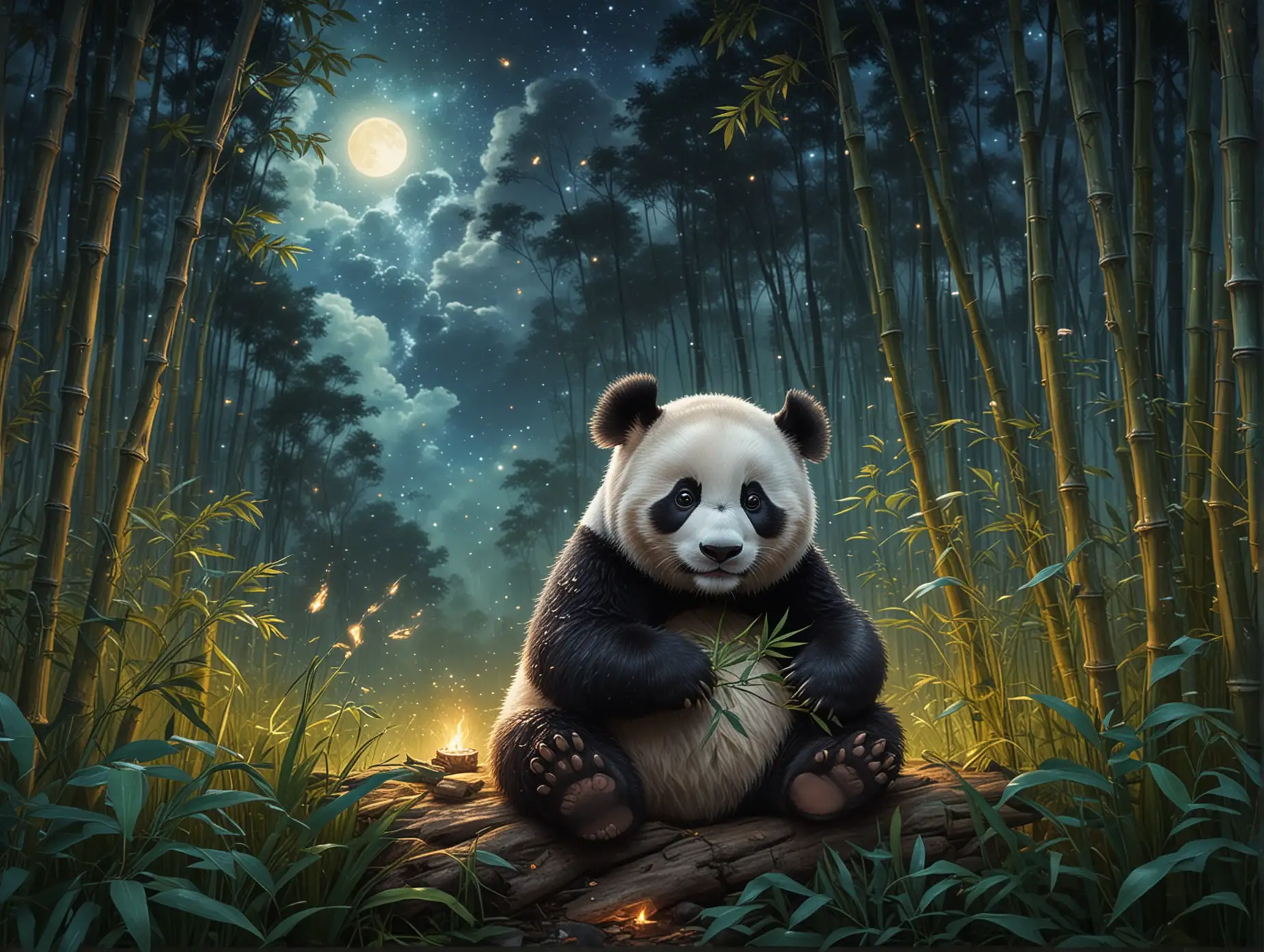 A whimsically enchanting scene unfolds within an 8K highly detailed image - a cute panda indulging in bamboo under a starry night sky. The cuddly creature's fluffy fur glistens in the warm firelight, its adorable eyes twinkling in the darkness. This beautifully rendered painting captures the panda's innocence and the tranquility of the bamboo forest surroundings. The intricate details and vivid colors make this image a true masterpiece, immersing viewers in a magical moment of nature's wonders.