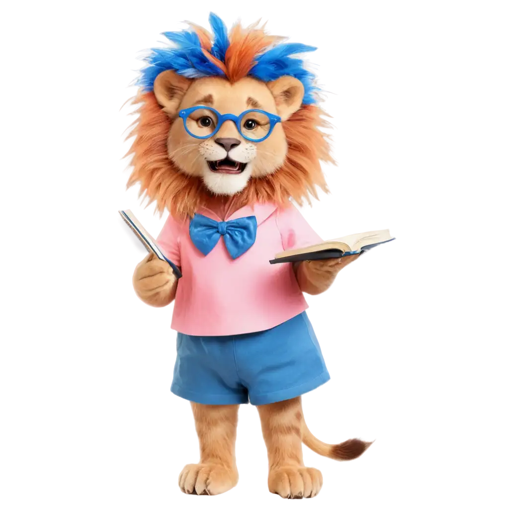 Playful-Lion-PNG-Image-Lion-in-Blue-and-Pink-Costume-with-Feathers-Reading-a-Book