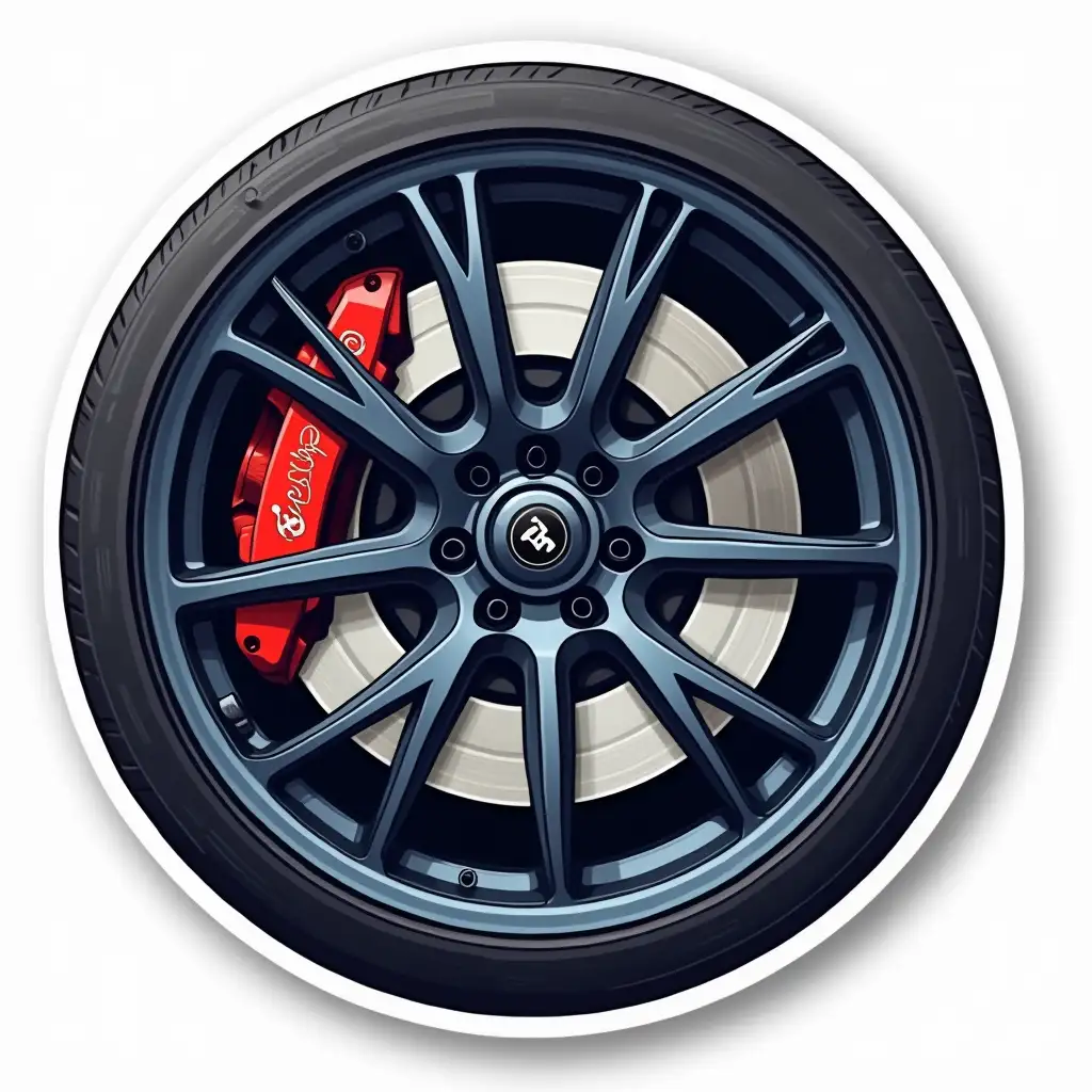 It is necessary to depict a sticker. Colors to be used: red - #D20528; blue - #0632AD; grey - #848484 What should be depicted: A car wheel, with a brake disk background: transparent