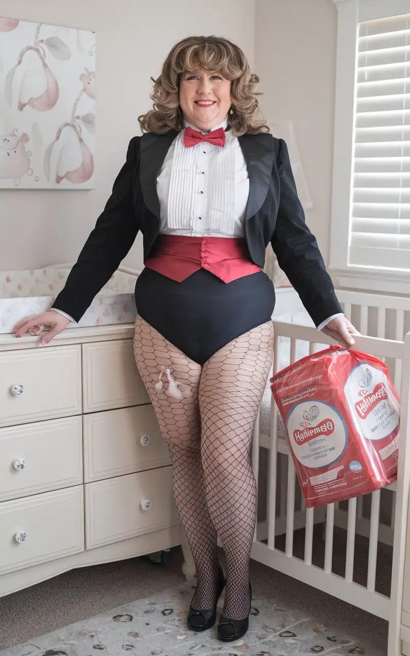 Smiling-MiddleAged-Caucasian-Woman-in-Formal-Concert-Tuxedo-Holding-Huggies-Package-in-Nursery