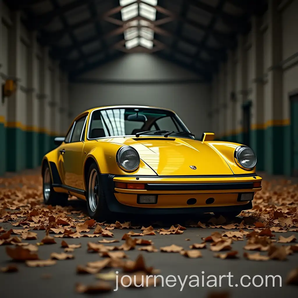 Yellow-Porsche-911-in-Abandoned-Warehouse-with-Fallen-Leaves