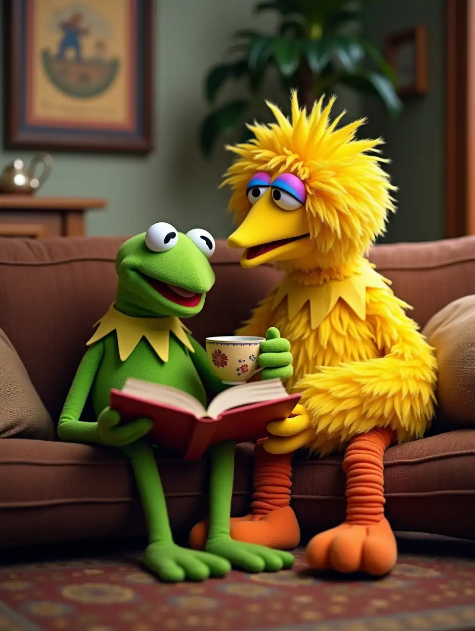 kermit the frog and big bird sitting on the couch at home. Kermit is reading a book to big bird while kermit is drinking a cup of tea