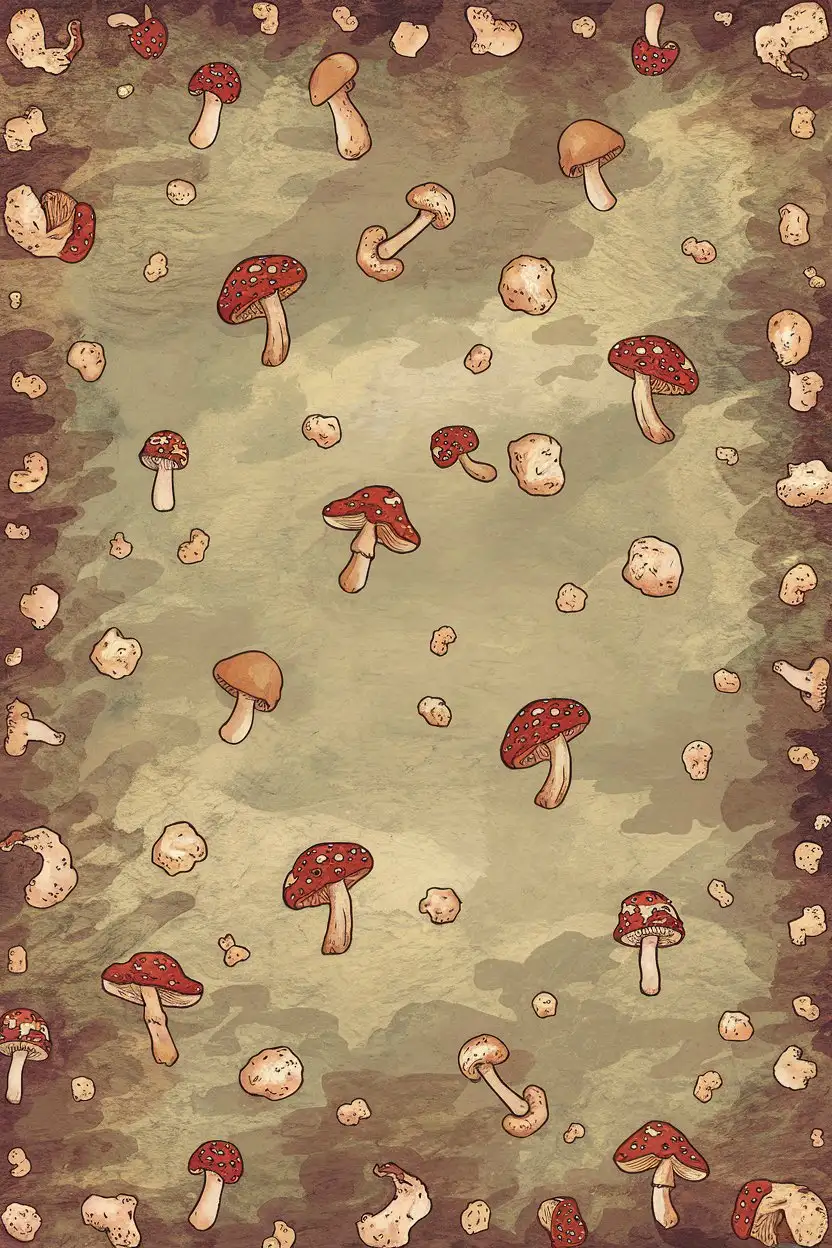 Whimsical Wrapping Paper Design with Mushrooms and Toadstools in Soft Muted Colors