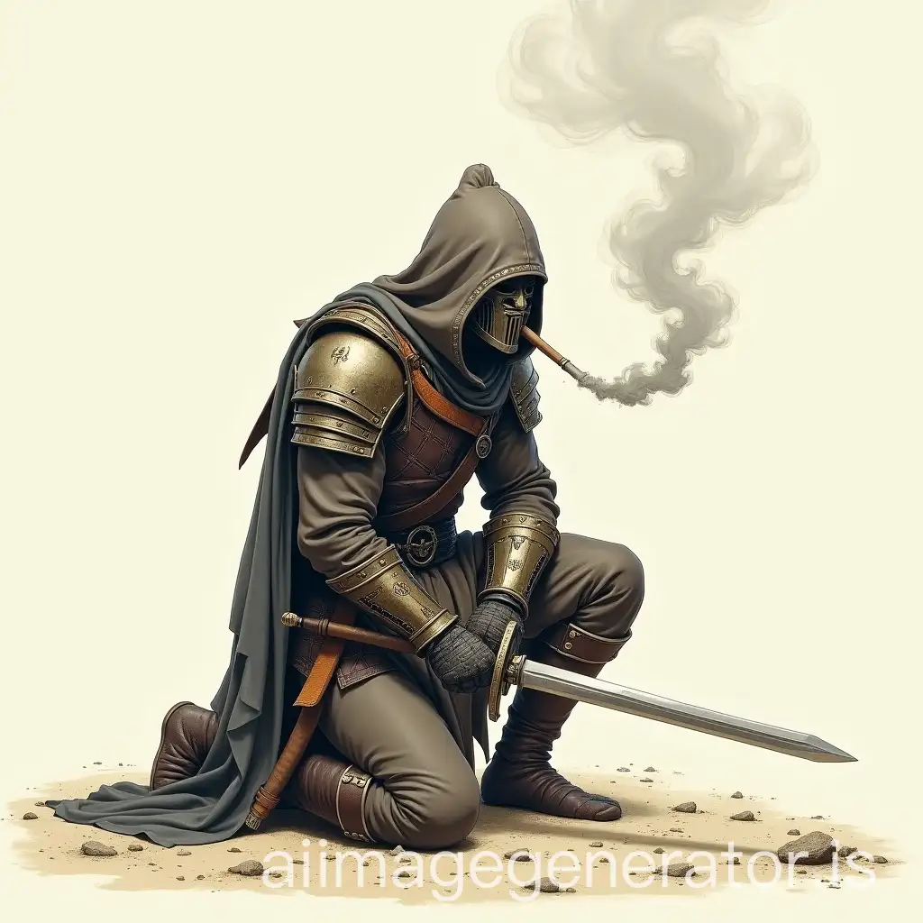 Warrior-Kneeling-with-Sword-in-Ground-and-Exhaling-Smoke