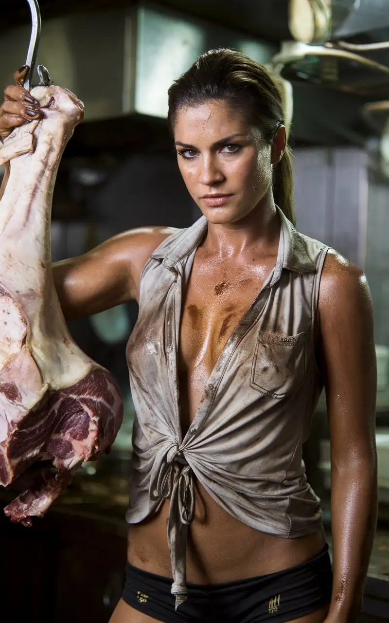 Beautiful-Woman-in-Grimy-Fast-Food-Joint-Carving-Carcass-with-Butchers-Knife