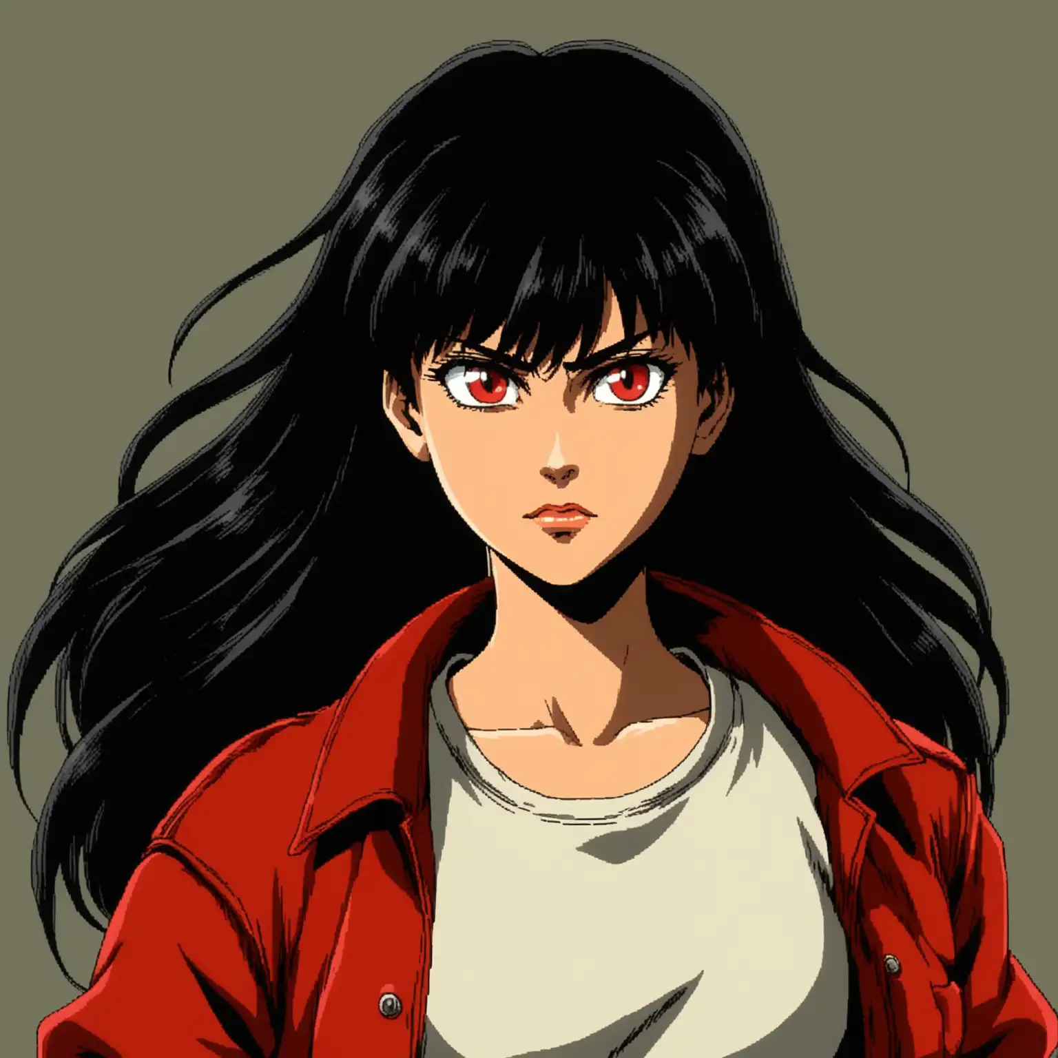 Pretty woman with a fierce look. cell shading. 80’s anime, studio ghibli. Give her black hair. Give her a wolfcut. make it red themed