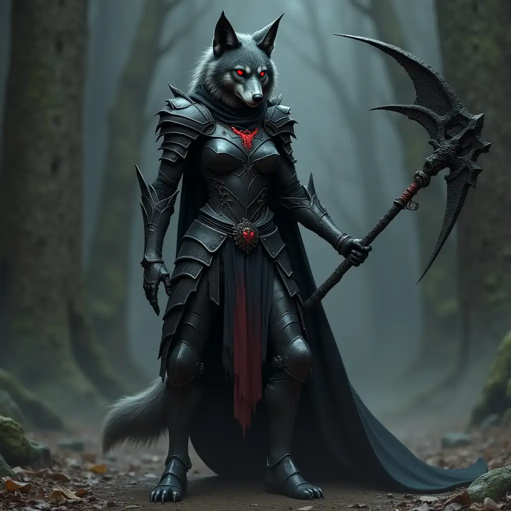 a realistic female death knight wolf-coyote with red eyes in dark gothic medieval armor with a necromancy halberd standing full height on the floor