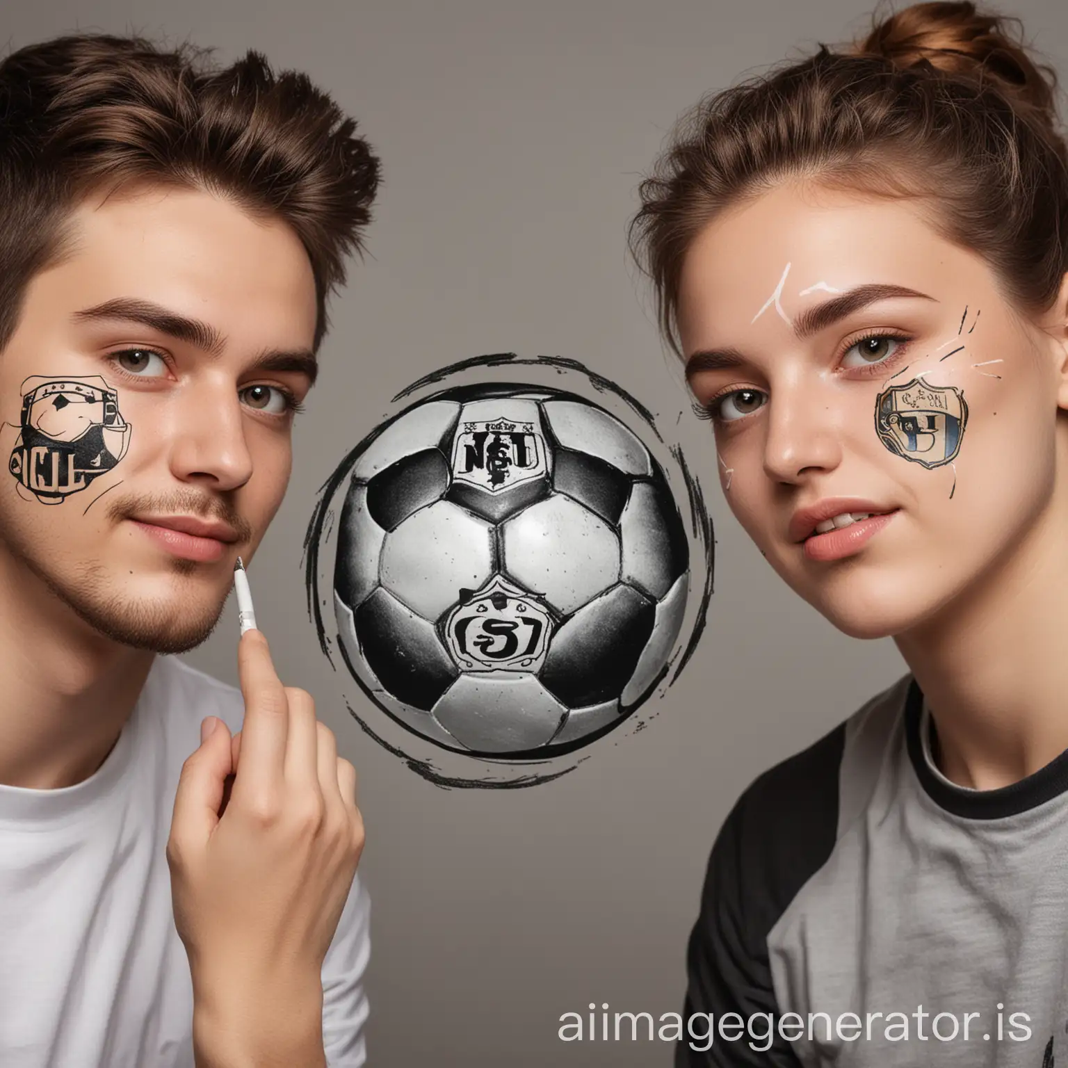 Two-People-Drawing-Football-Logos-on-Their-Faces-and-Taking-a-Photo