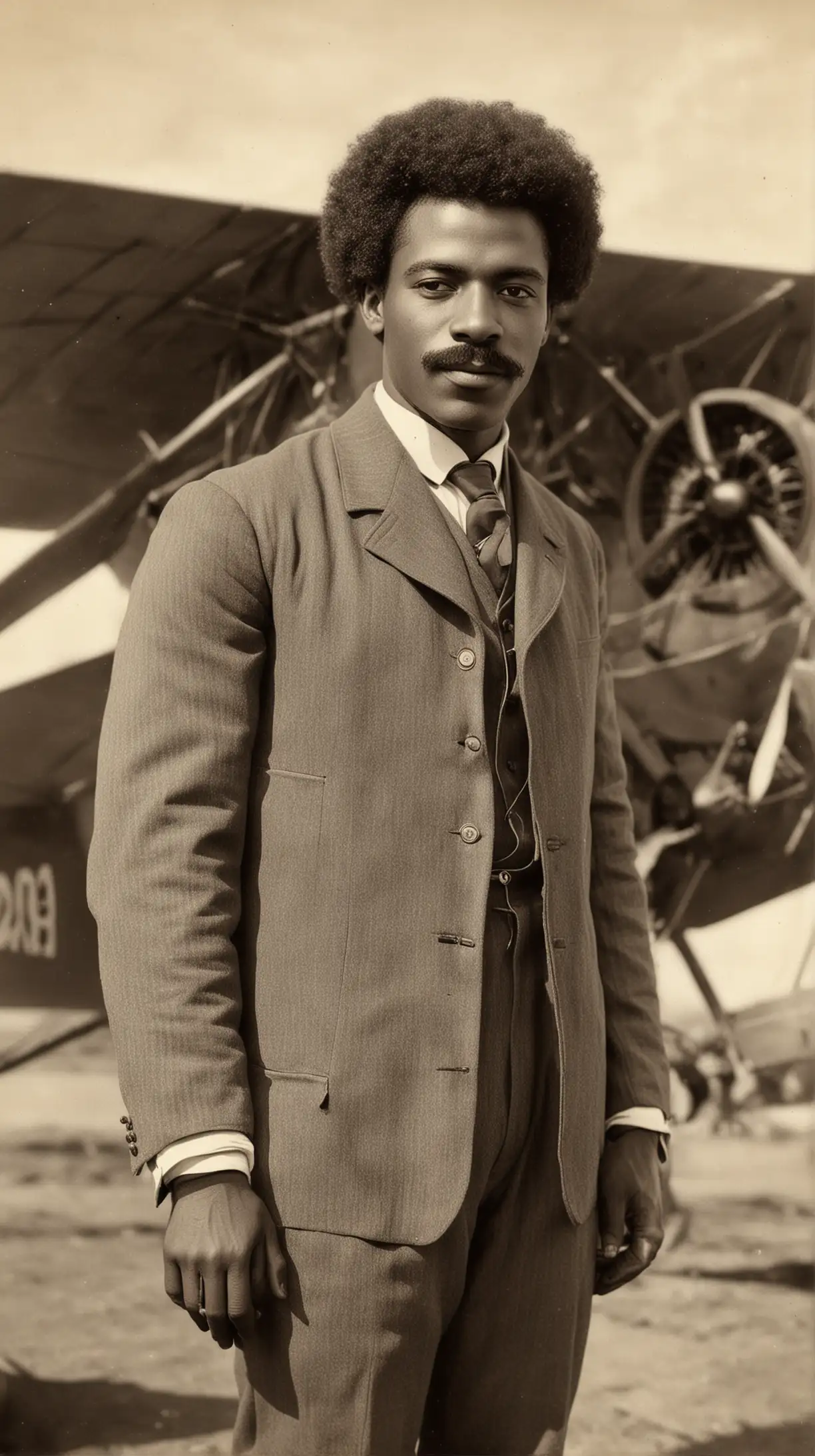 Dapper 1903 Gentleman with Mustache and Afro Poses Before Vintage Airplane