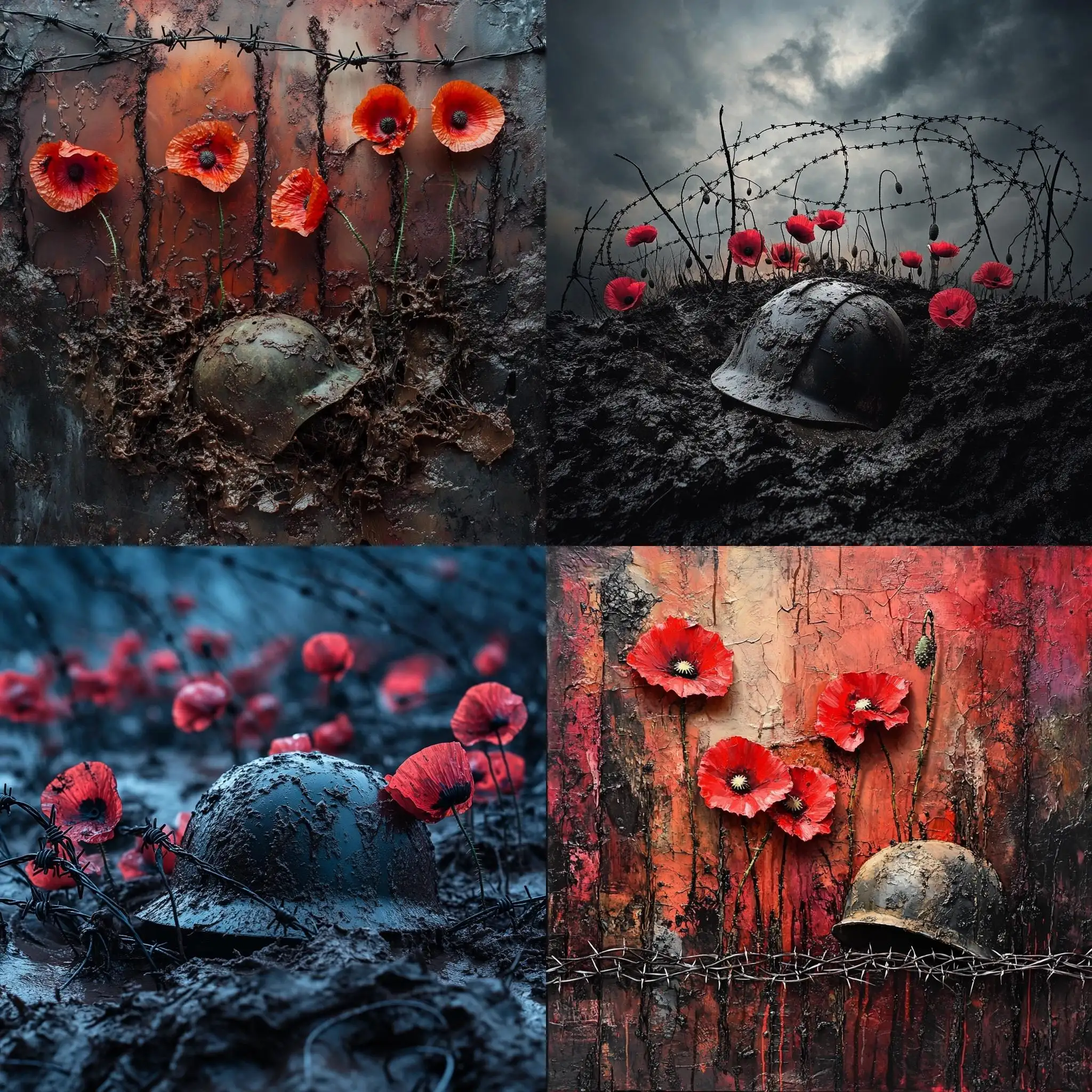 Somber-Abstract-Depiction-of-Poppies-and-Barbed-Wire-with-a-Soldiers-Helmet