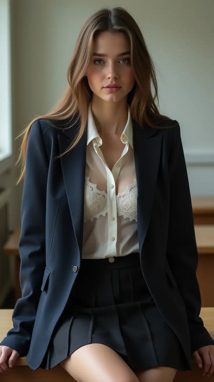 A young woman, university uniform, blazer and shirt open, lace bra, skirt, sitting on the edge of the desk