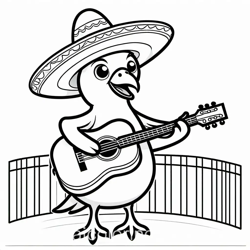 A large bird wearing a sombrero playing a guitar in the street., Coloring Page, black and white, line art, white background, Simplicity, Ample White Space. The background of the coloring page is plain white to make it easy for young children to color within the lines. The outlines of all the subjects are easy to distinguish, making it simple for kids to color without too much difficulty