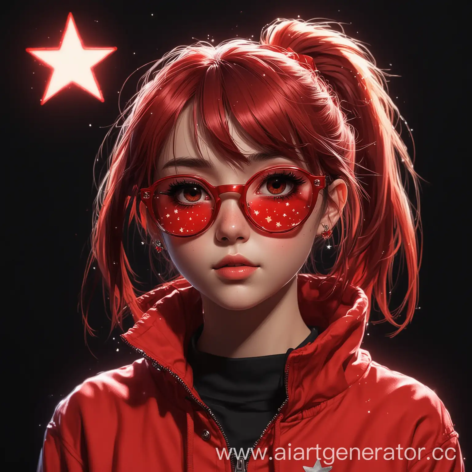 Y2K-Style-Anime-Girl-in-Red-Clothing-with-StarShaped-Glasses-on-Black-Background