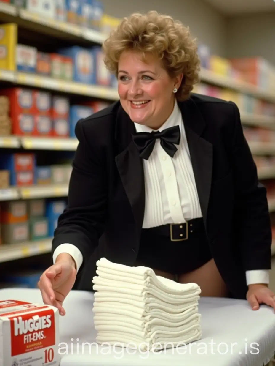 MiddleAged-Caucasian-Woman-Demonstrating-Huggies-Diapers-in-Supermarket