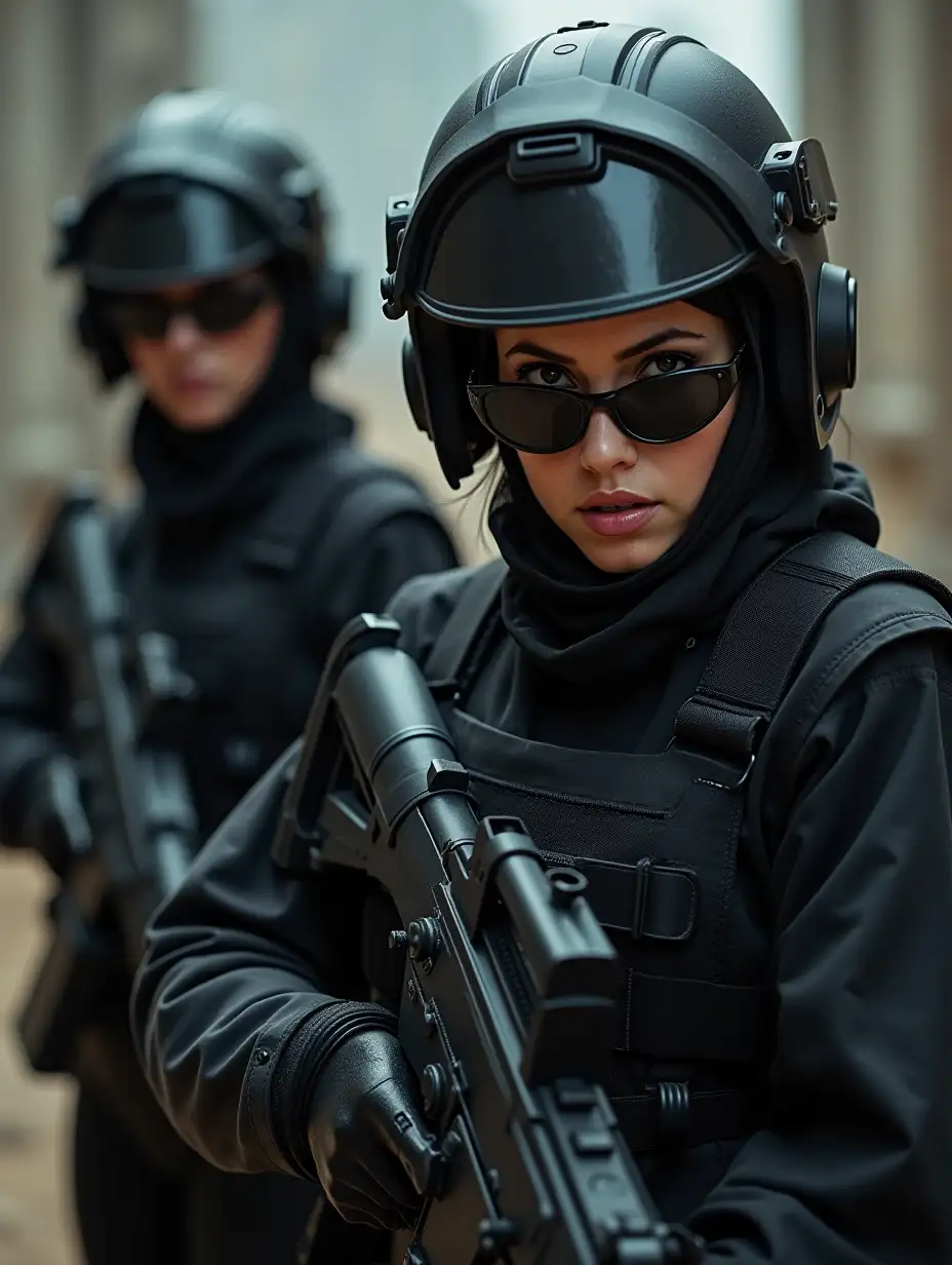 Athena-and-Aphrodite-in-Black-Special-Forces-Gear-with-Guns-in-Combat