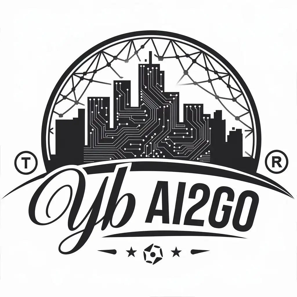 a vector logo design,with the text "YB AI2GO", main symbol:Urban with AI technology ,net's , calligraphy   style,Moderate,be used in Technology industry,clear background