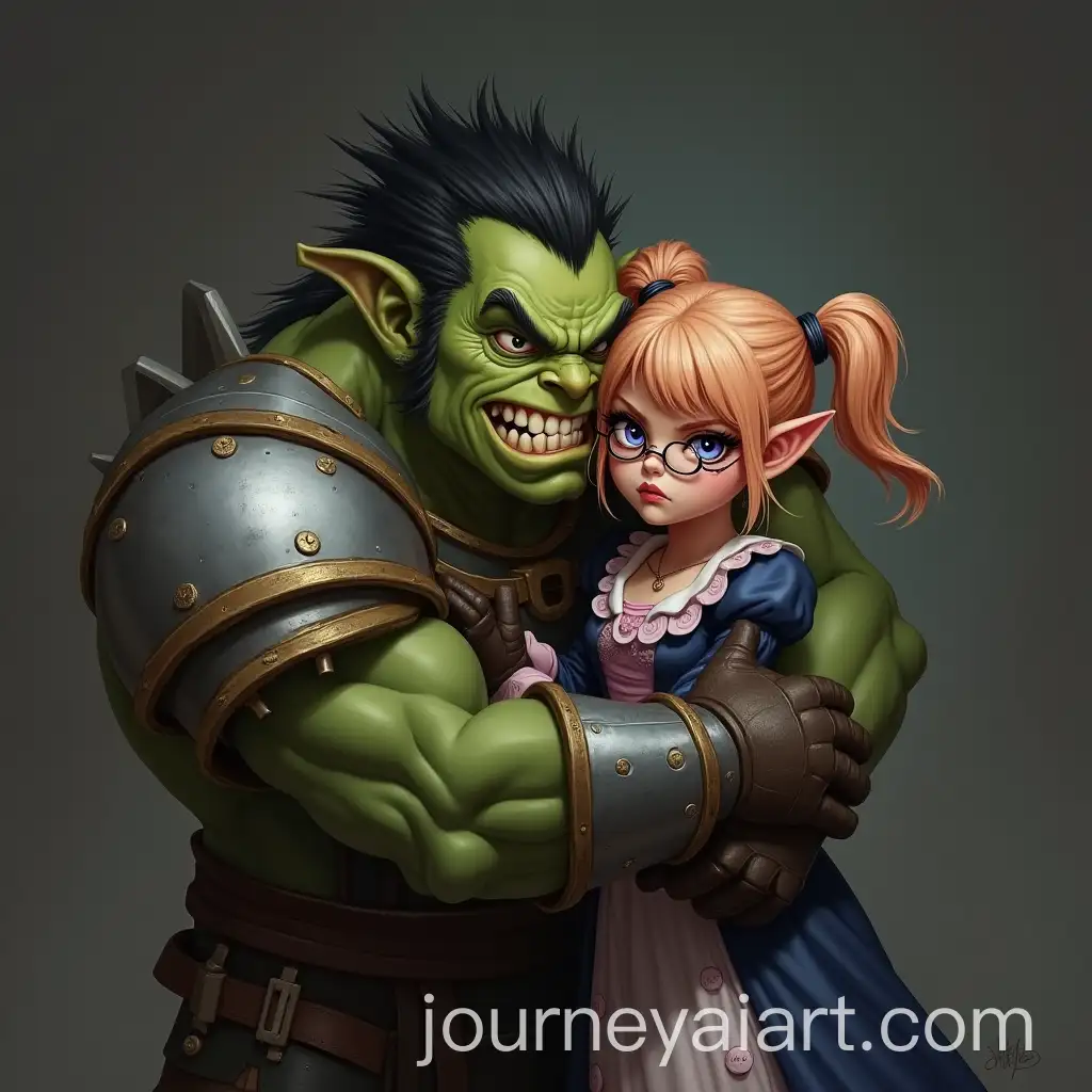 Orc-Hugging-Angry-Halfling-Girl-in-Steampunk-Attire-with-Messy-Peach-Hair