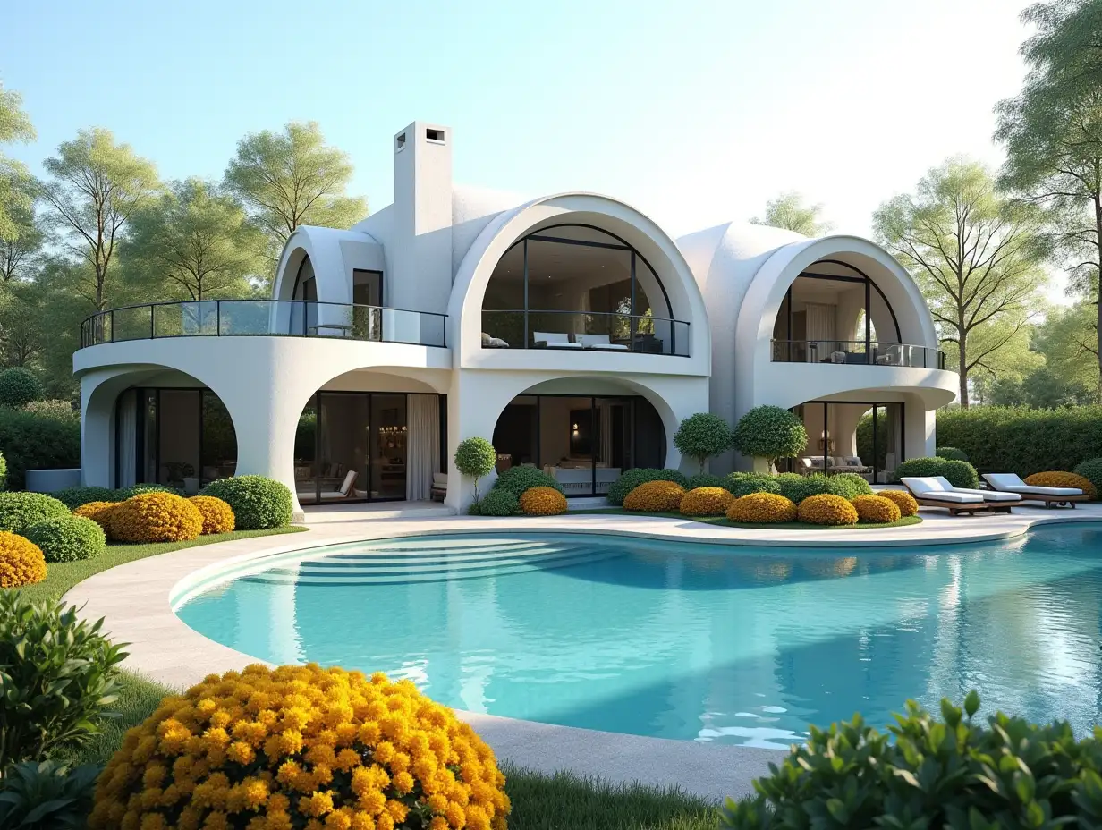 Create a house with a round roof, round window shapes with a large garden and pool in a large house, colorful bushes