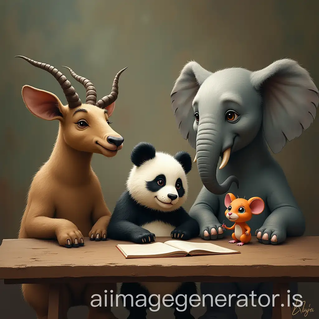 A-Gnu-Panda-Elephant-and-Mouse-Sitting-Around-a-Table-in-a-Cozy-Setting