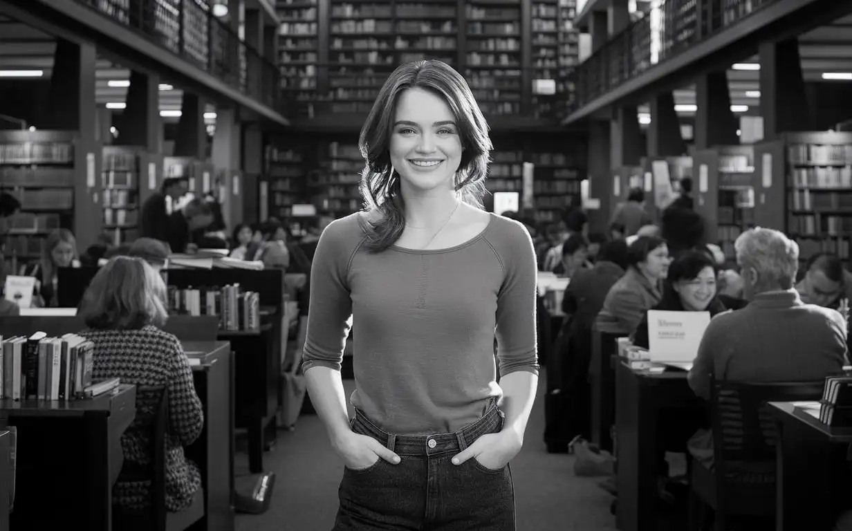 emma stone,18 yo, standing in a public library, smiling at the camera. She is dressed in casual attire, with detailed facial features showing her satisfaction. The background includes bookshelves, reading areas, and other library patrons.