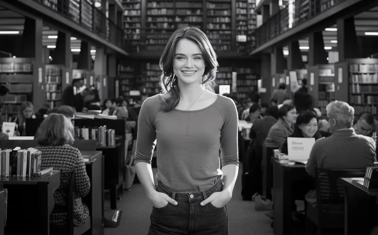 Young-Woman-Smiling-in-Library-Casual-Attire