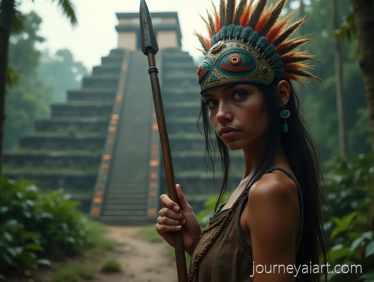 Mystical-Portrait-of-Girl-with-Native-AmericanMystical-Native-American-Warrior-Mask-and-Mayan-Pyramid-in-Jungle