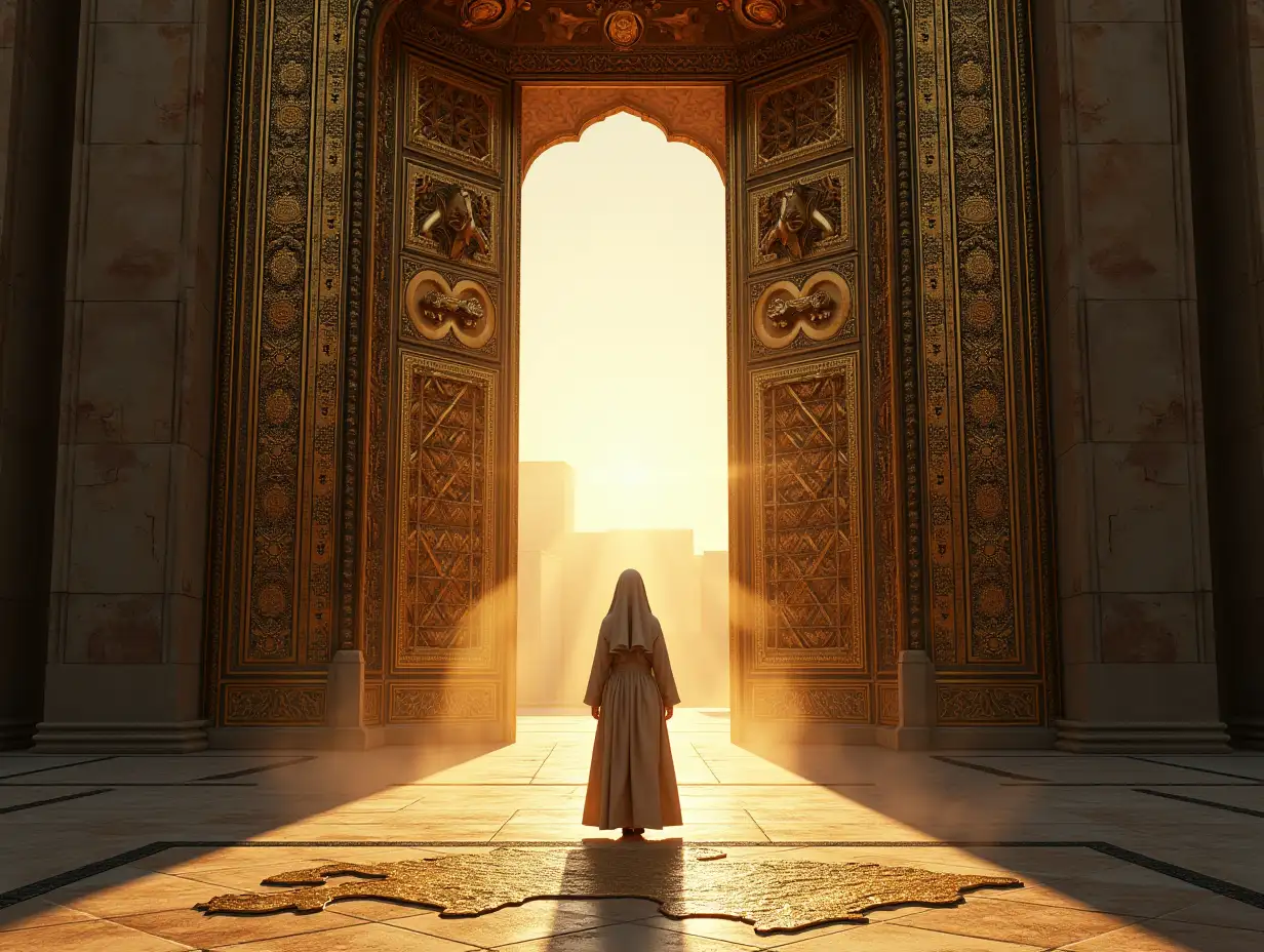 Long shot of the massive gates of Karakorum, intricate gold and silver carvings covering the doors, Fatima Khatun standing centered in the frame wearing a simple beige linen robe contrasting the opulent gates, her shadow cast on the ground forms the outline of the Mongol Empire map, golden-black color palette with dramatic lighting, Mongolian geometric patterns (repeating triangles and animal motifs) engraved on the gates, cinematic lighting, ultra-detailed, historical accuracy, Persian-Mongolian fusion architecture, dust particles in the air --ar 16:9 --v 6 --style raw
