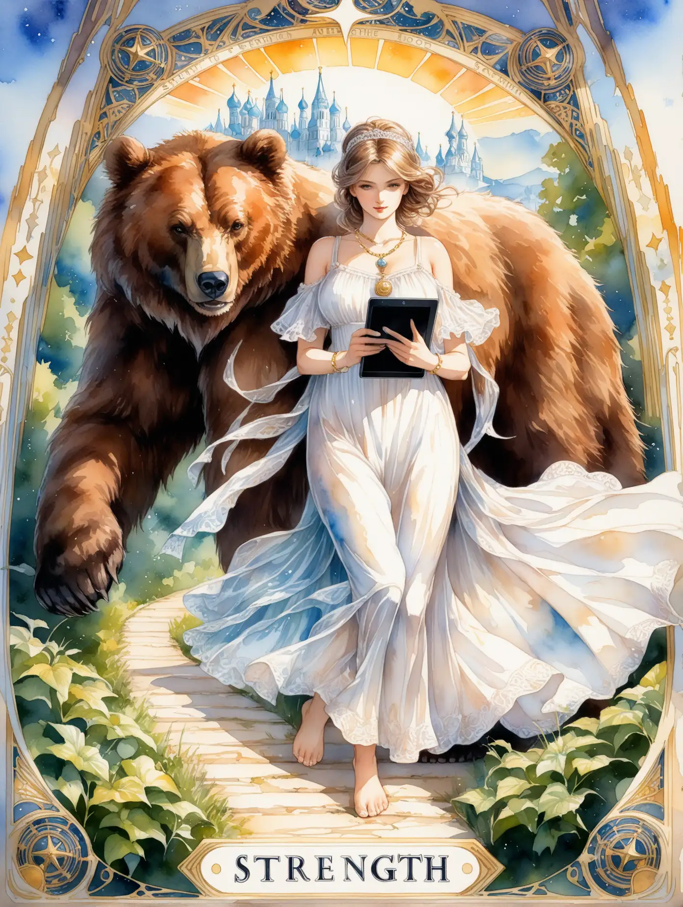 Russian-Woman-in-White-Sundress-Standing-with-Brown-Bear-in-Watercolor-Tarot-Card