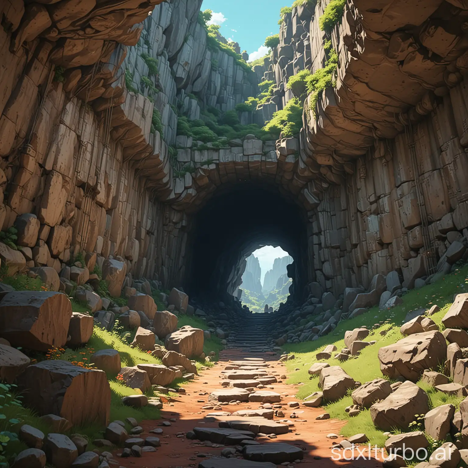 Studio-Ghibli-Inspired-Tunnel-Leading-to-a-Cave-with-Ruins-and-Rocks