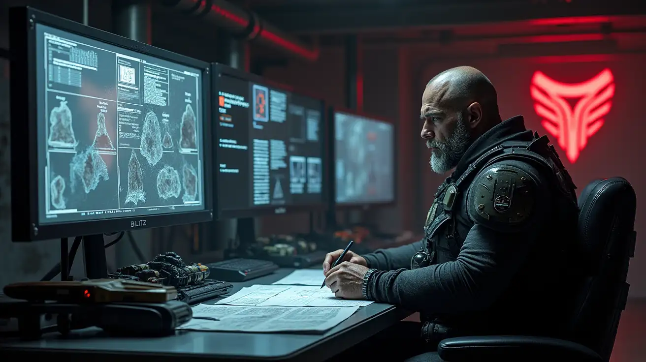 Depict Captain Blitz seated at a utilitarian, high-tech desk in a dimly lit, industrial office within Facility 42, meticulously preparing tactical reports for Wilhelm. Blitz, a muscular and battle-hardened man in his 50s, wears dark, scuffed combat armor with glowing insignias and reinforced plates. His scarred face is illuminated by the faint glow of multiple holographic displays floating above the desk, showing fleet movements, battle formations, and tactical maps. His posture is focused and deliberate, one hand swiping through holographic schematics while the other scribbles notes on a glowing data pad. His rugged features are set with determination, his sharp eyes scanning the information with precision. Around him, neatly arranged weapon components, communication devices, and tactical tools sit on the metallic surface of the desk, emphasizing his dual role as a strategist and a soldier. The room is stark and industrial, with exposed pipes and dim overhead lights casting sharp shadows. Behind him, a large screen displays a live feed of the asteroid field outside Facility 42, its jagged rocks illuminated by faint starlight. A glowing red Faction 42 emblem is prominently displayed on the back wall, subtly reflecting its light onto Blitz’s armor and the surrounding surfaces. The color palette is dominated by metallic grays and blacks, with muted red and blue highlights from the holographic displays and insignias. The atmosphere is intense yet methodical, showcasing Blitz’s dedication as he crafts tactical strategies with the precision of a seasoned warrior and loyal commander.