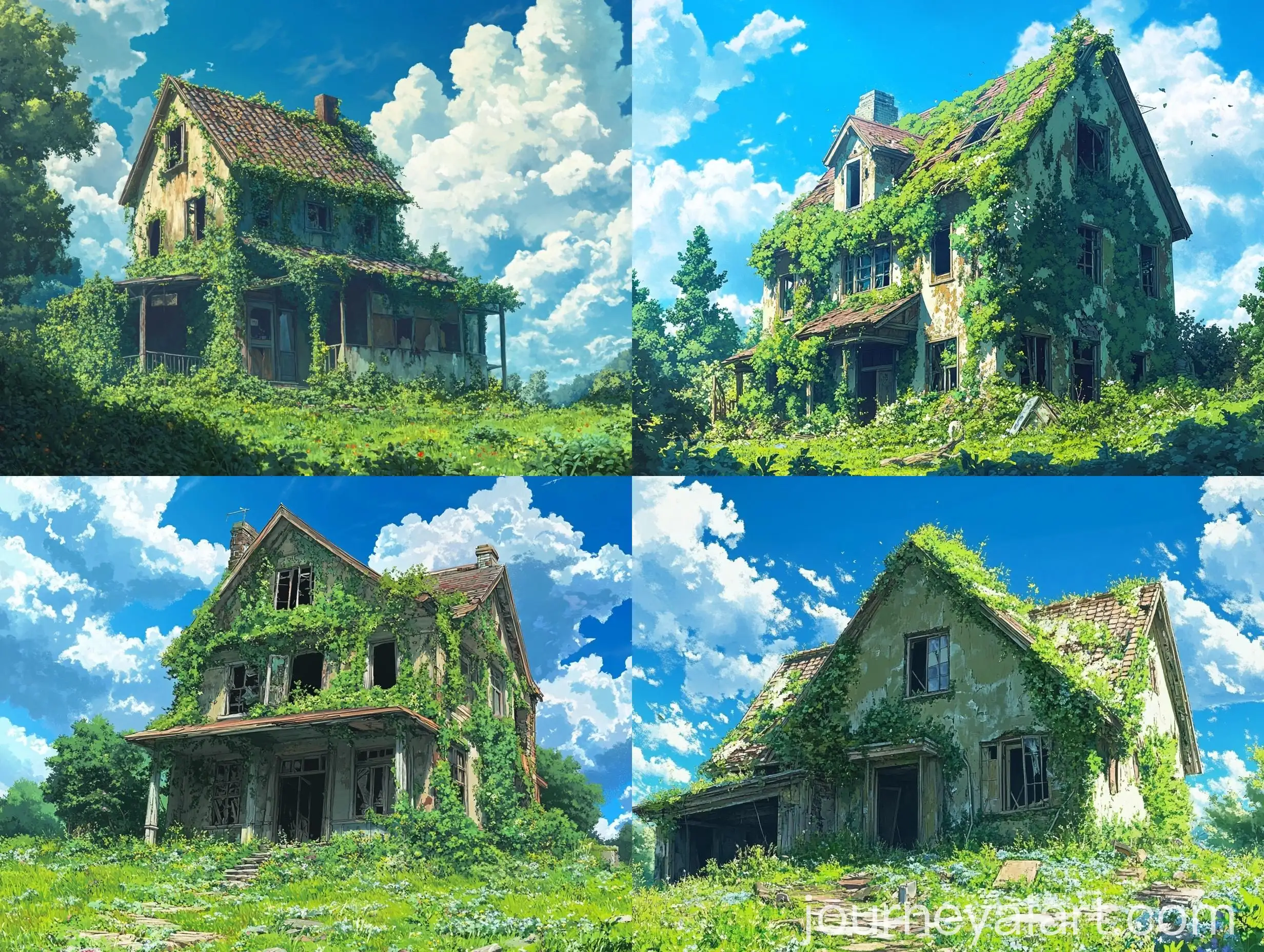 Abandoned-House-Overgrown-with-Nature-under-a-Blue-Sky-Anime-Art-Inspired-by-Makoto-Shinkai-and-Studio-Ghibli