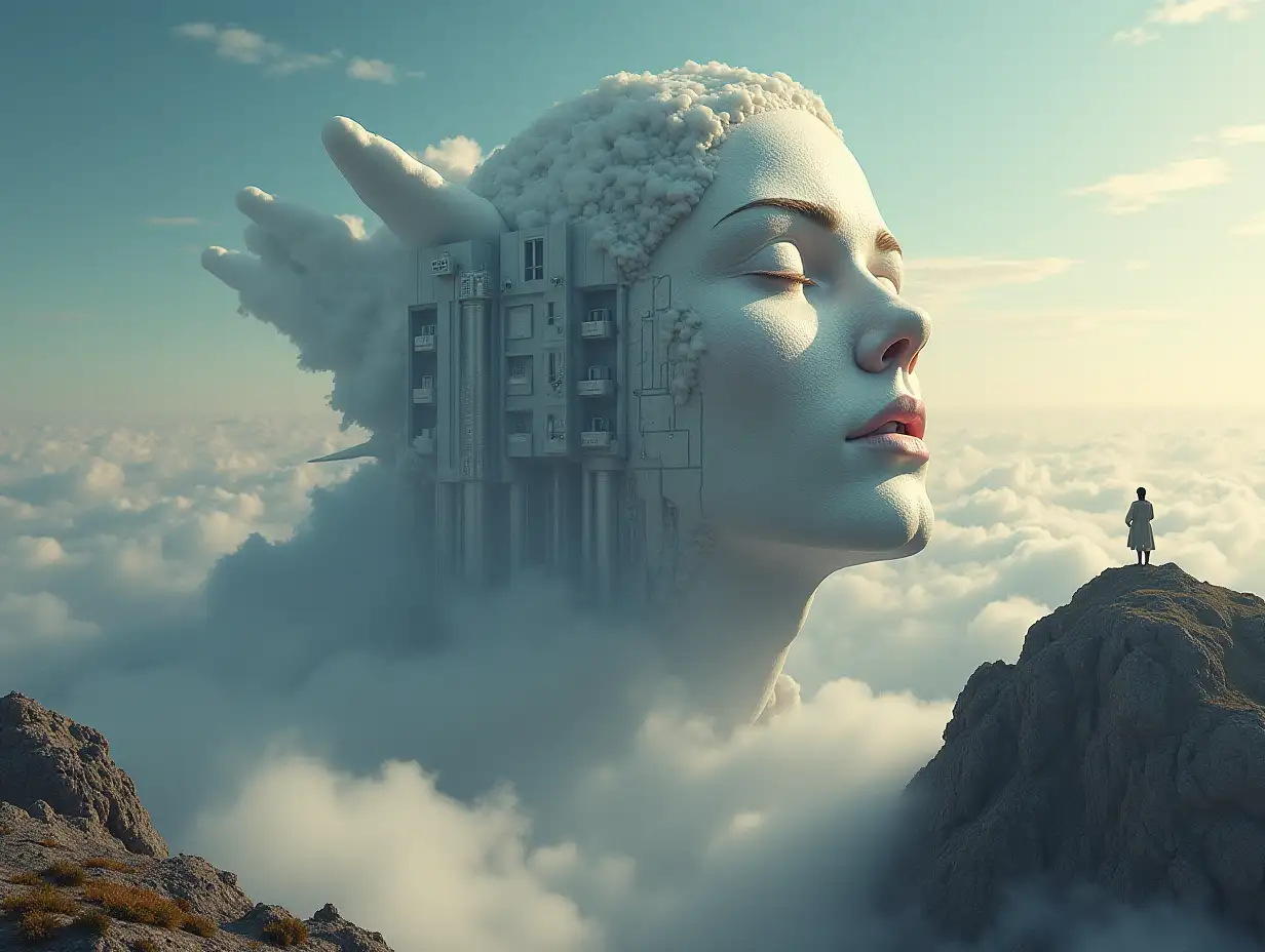 Create for me a photorealistic image of Paradise, face transformed into a building on a high mountain on another planet with an alien