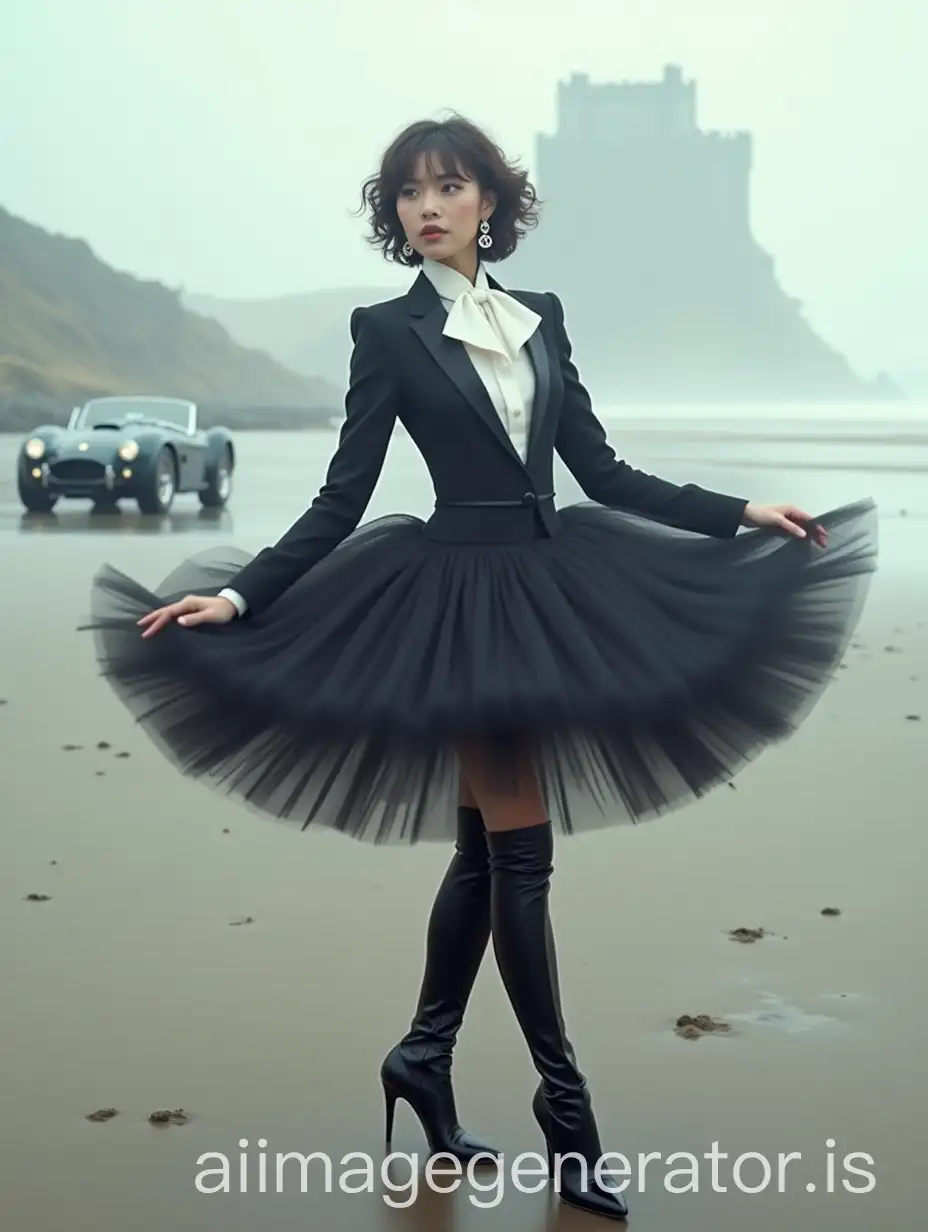 Japanese-Model-in-Formal-Tuxedo-with-Ballet-Tutu-on-Misty-Scottish-Highlands-Beach