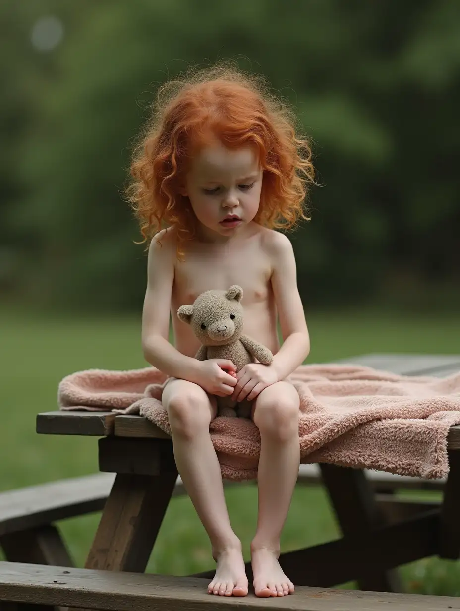 Little-Girl-Sitting-on-Picnic-Table-Edge-Holding-Stuffed-Animal