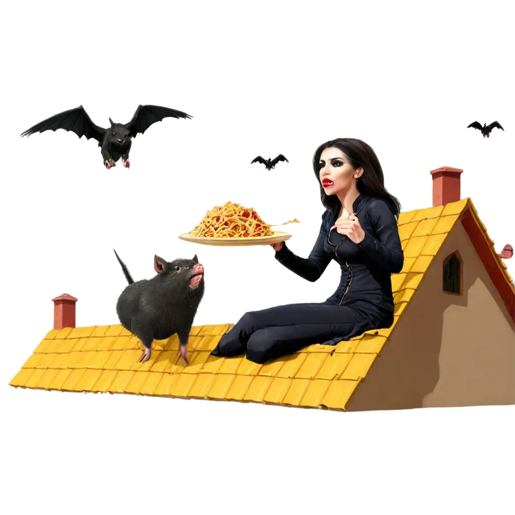 PNG-Image-of-a-Woman-Vampire-Eating-Spaghetti-on-a-Yellow-Roof-Watching-Flying-Pigs