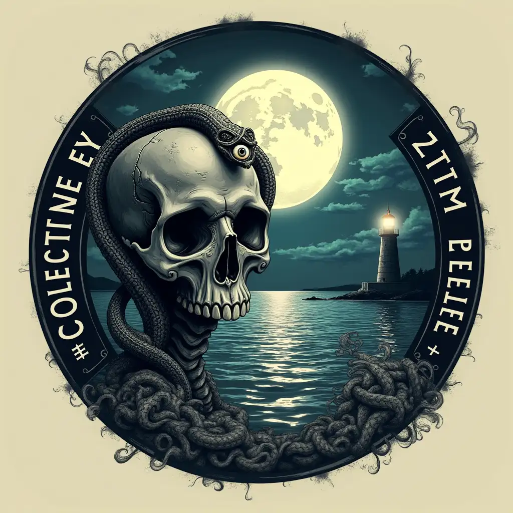 Incorporate a serene coastal scene with a large, bright full moon reflecting on the water, and add a lighthouse with a glowing light. Add a detailed, surreal skull with an eye on the forehead, with a coiled snake wrapping around it. Integrate smoke or dark mystical effects around the skull to blend with the moonlit scene. Around the central imagery, there are wisps of smoke, adding a sense of movement and mystery. Surrounding this composition is a circular frame with the words “COLLECTIVE EYE” on the left and right, written in a bold, clean font. Below, there is a hashtag “#A1CE,” suggesting a possible brand or design label.