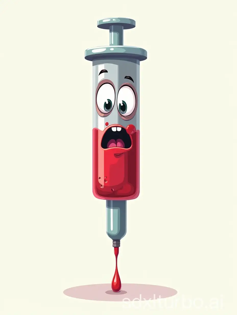 a cartoon syringe with eyes and mouth and with blood inside of it