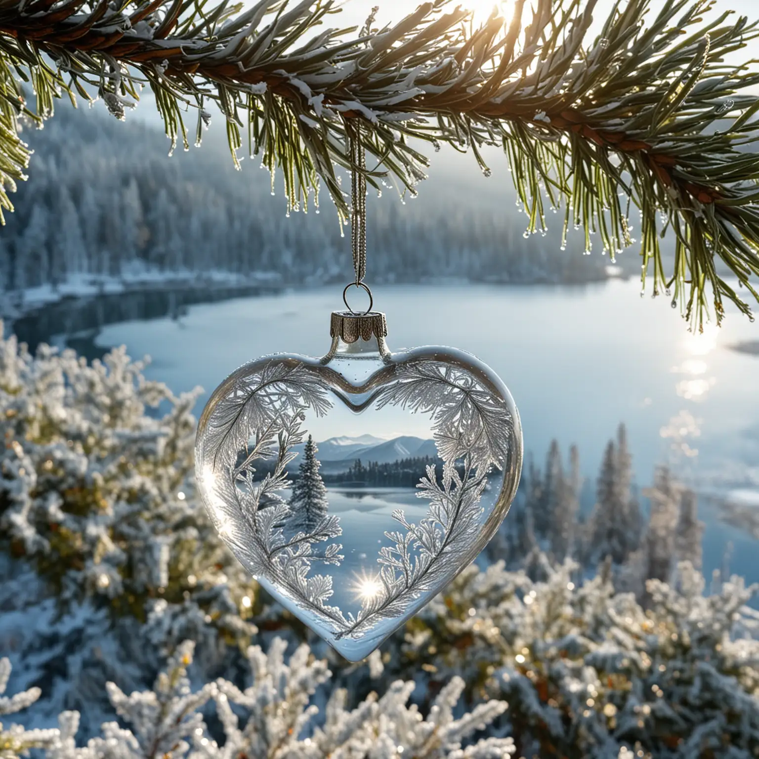 Winter-Heart-Glass-Christmas-Ornament-on-Fir-Branch-with-Mountain-Lake-Background