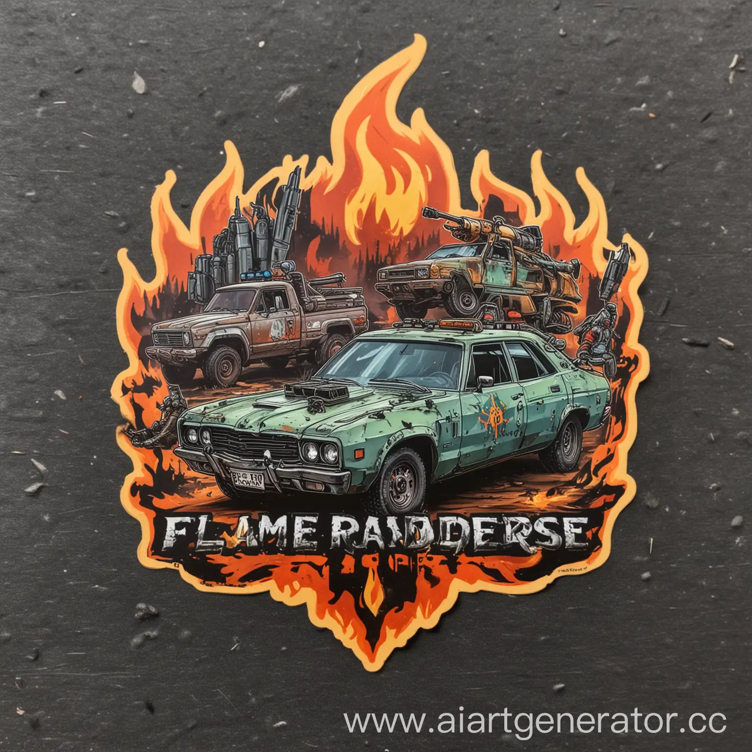 Flame Raiders sticker with cars from the post-apocalypse with the FR or Flame Raiders logo