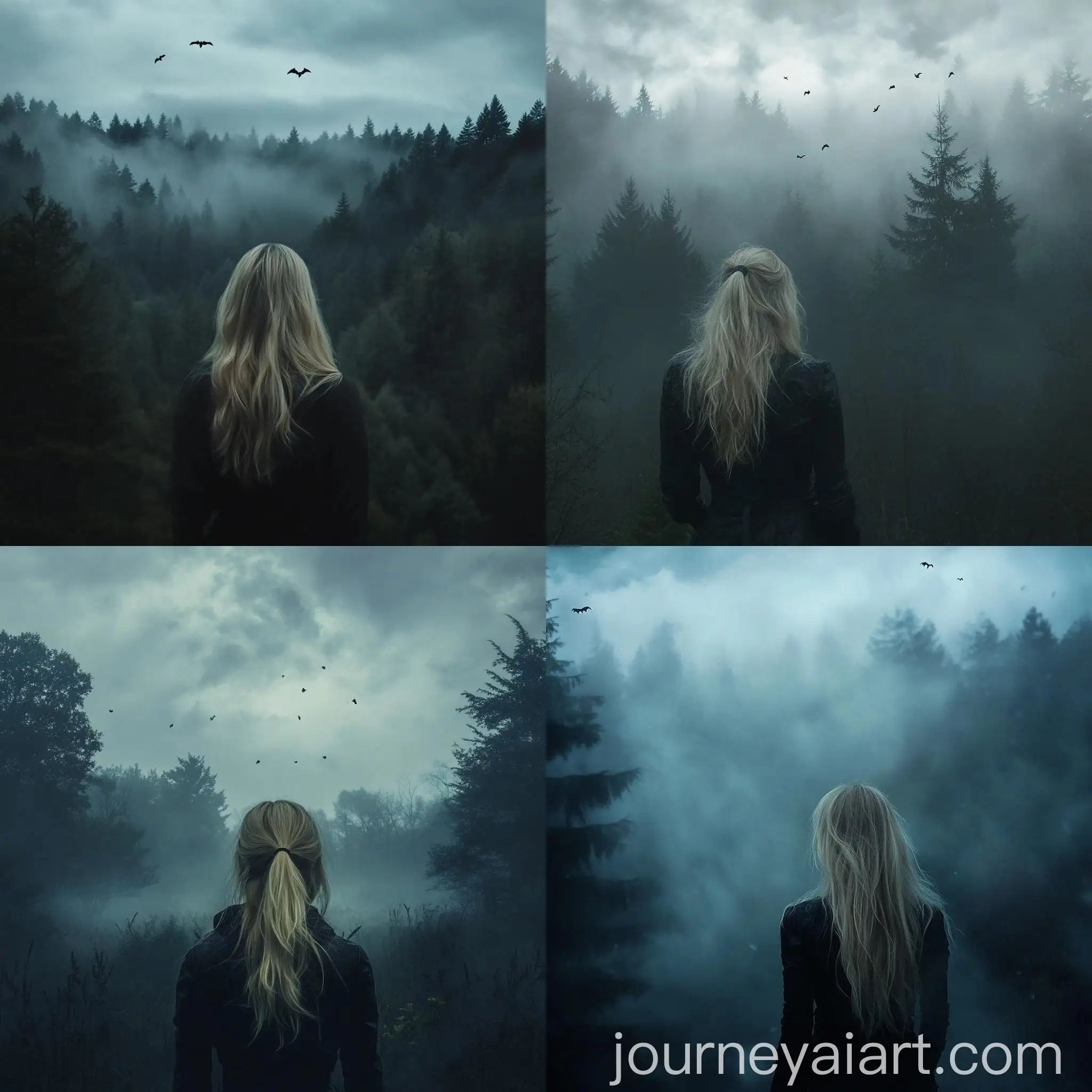 Blonde-Girl-in-Harley-Quinn-Costume-Gazing-into-Mysterious-Foggy-Forest