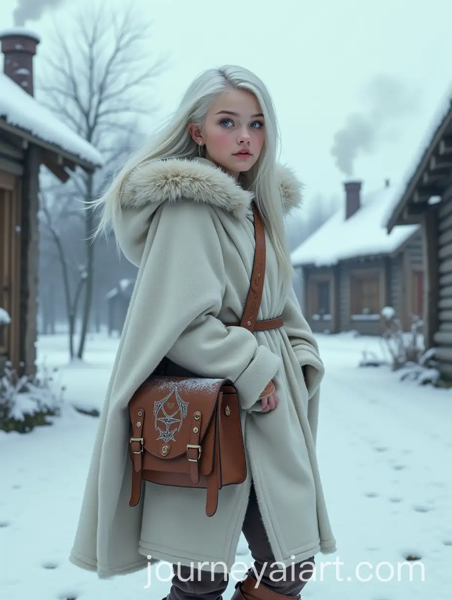 Teenage-Girl-in-Winter-Village-with-FurLined-Cloak-and-Leather-Satchel