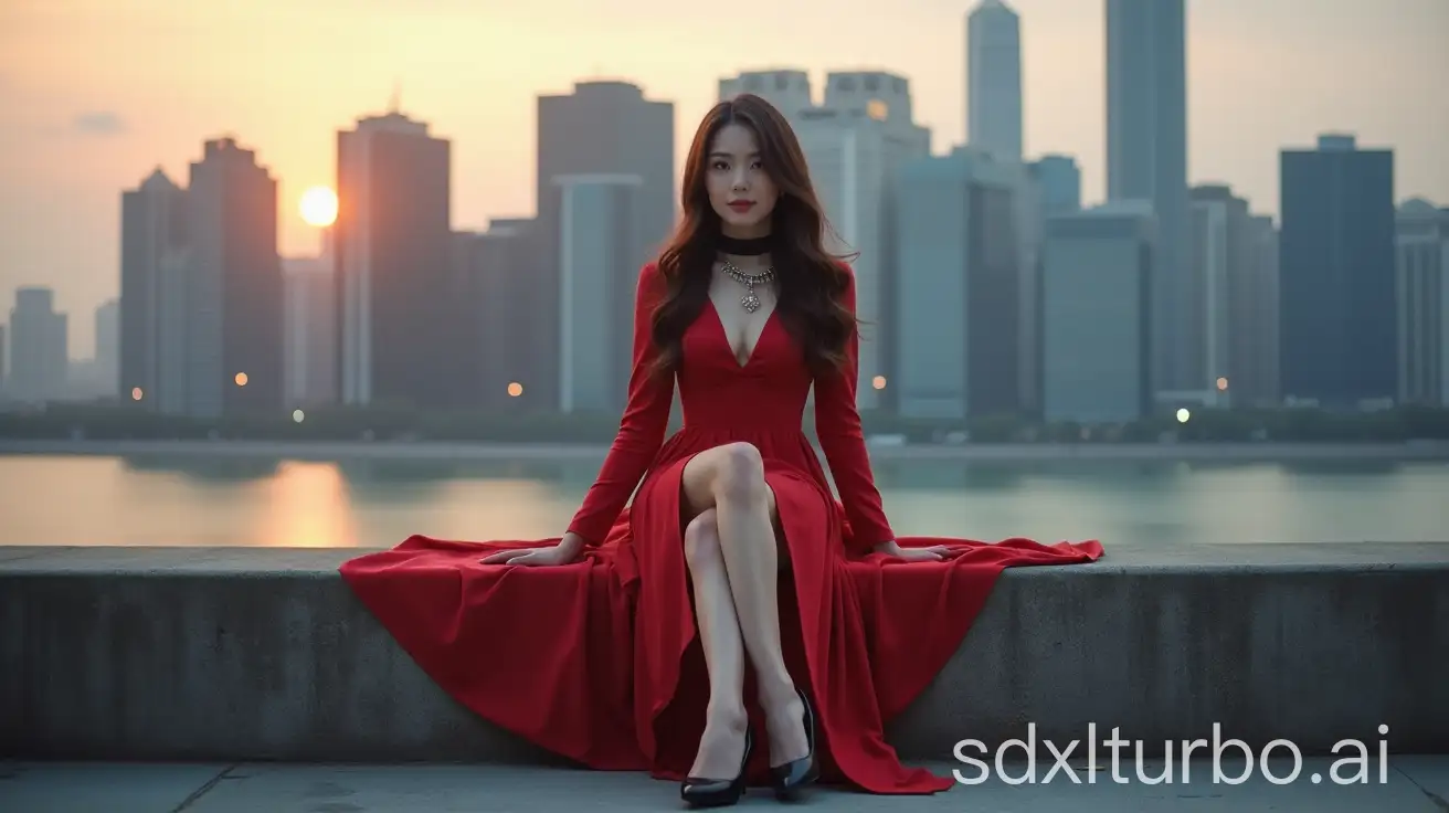 realistic photo,sharp focus, a chinese woman with long, wavy brown hair sits on a concrete ledge overlooking a city skyline at dusk. she wears a red dress with a deep v-neckline and a black choker necklace. her legs are crossed and she wears black high heels with a pointed toe.  the city skyline is visible in the background, with tall buildings and a body of water reflecting the sky，Photograph by Loretta Lux