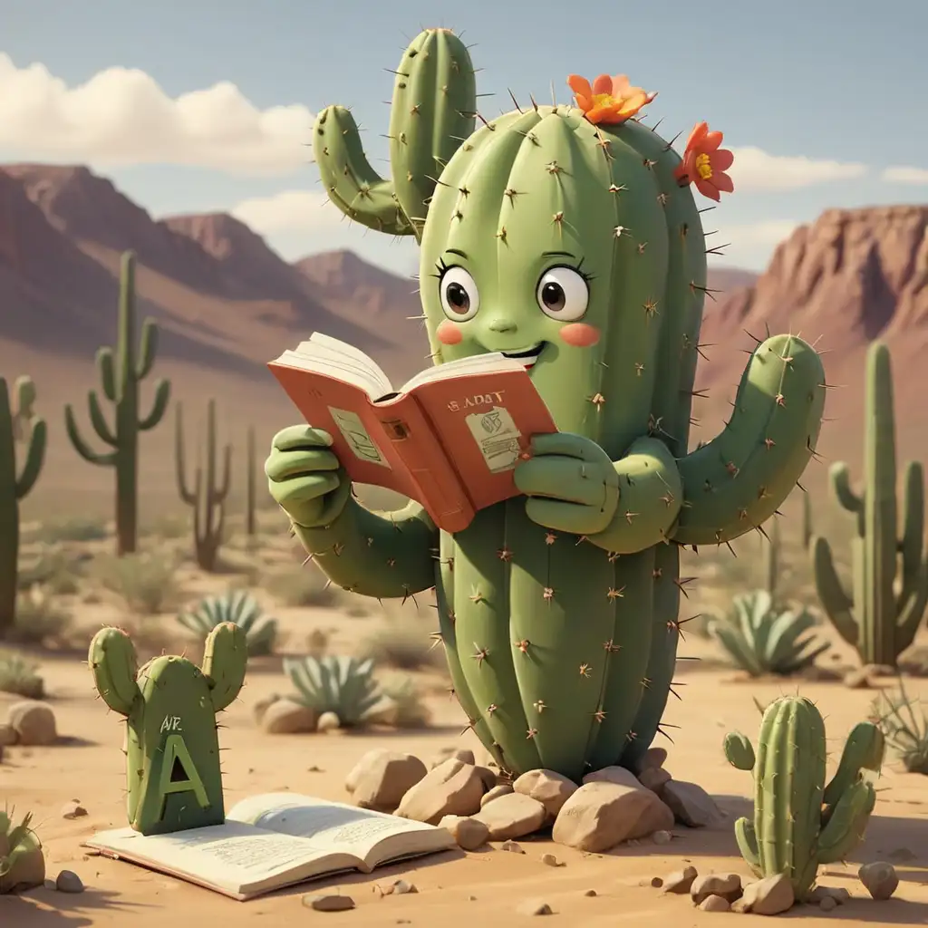 Cartoon Cactus Reading ABCs in the Desert