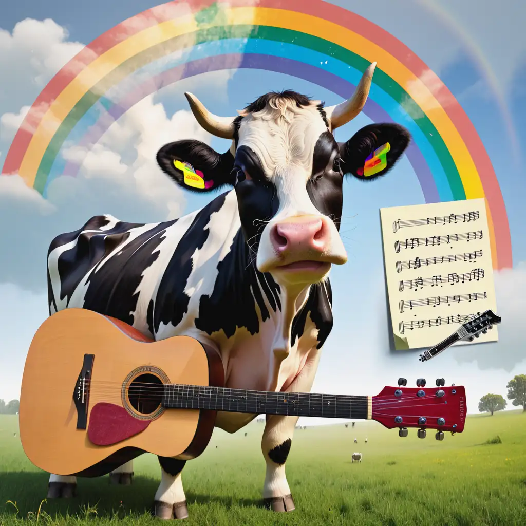 Cow and rainbow and a guitar and notes