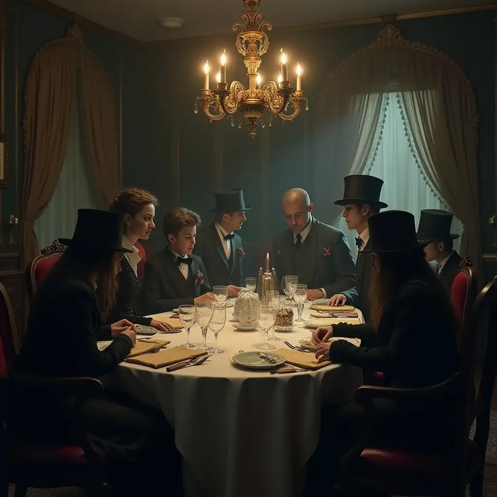 a fancy Victorian style dinner with ghosts sitting at the table, atmospheric, prim and proper, art cover,