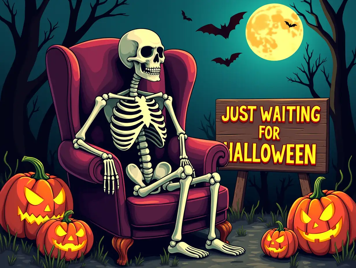 Vector, 64k. A skeletal figure with a mischievous grin, seated in a plush armchair surrounded by a collection of carved pumpkins. Bats flutter overhead, and a full moon illuminates the scene. The overall style is detailed and vibrant, with a focus on the playful and spooky elements of Halloween.featuring the word 'JUST WAITING FOR HALLOWEEN' in bold, wooden plate next to the skeleton.