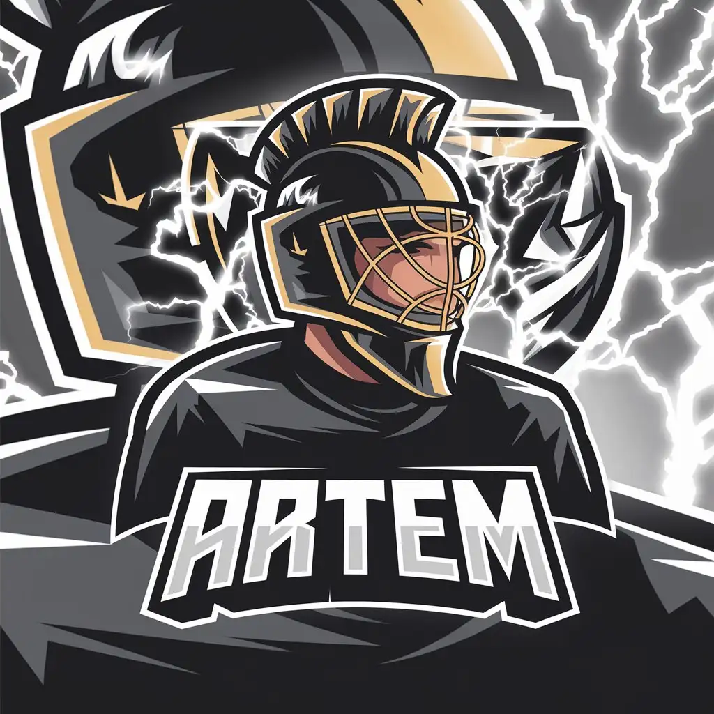 a vector logo design,with the text "Artem", main symbol:Hockey goalie in black and gold color, on the mask of a legionnaire, around lightning, on the background,complex,clear background