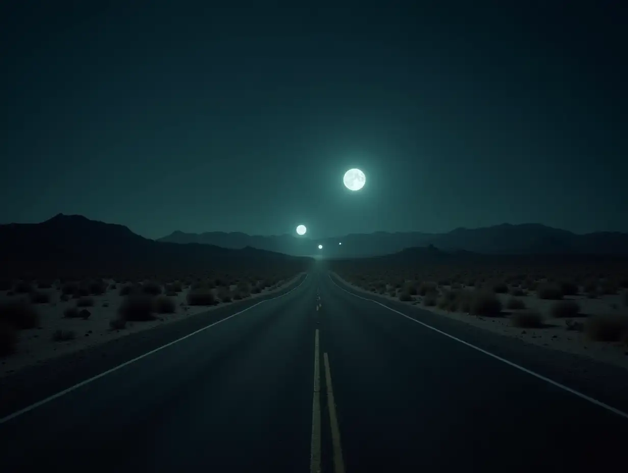 A dark, isolated desert road in the Mojave, with strange, glowing orbs hovering in the distance, illuminating the barren landscape.