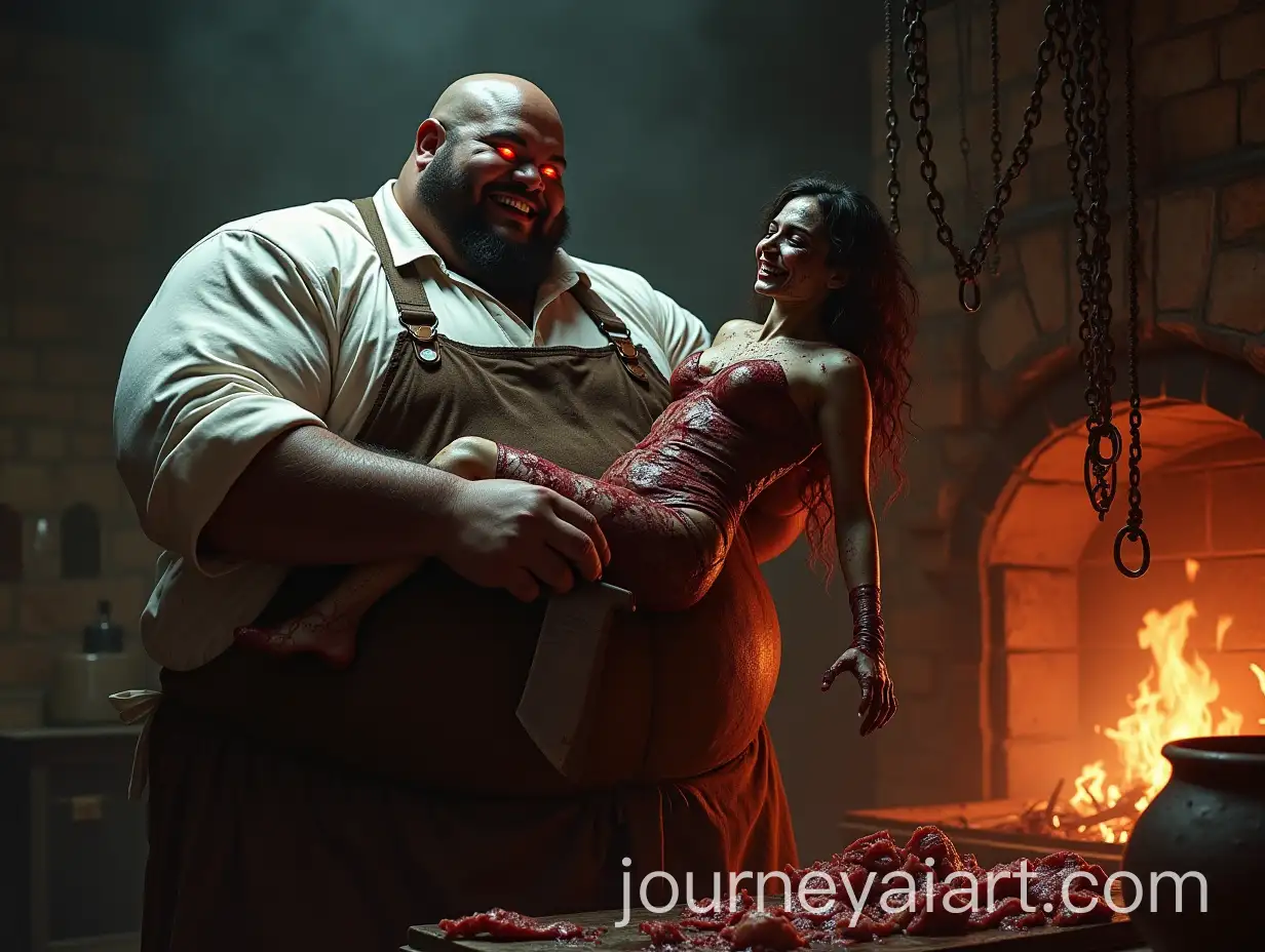 Happy-Butcher-Holding-Cleaver-and-Zombie-Woman-in-Dark-Butcher-Shop