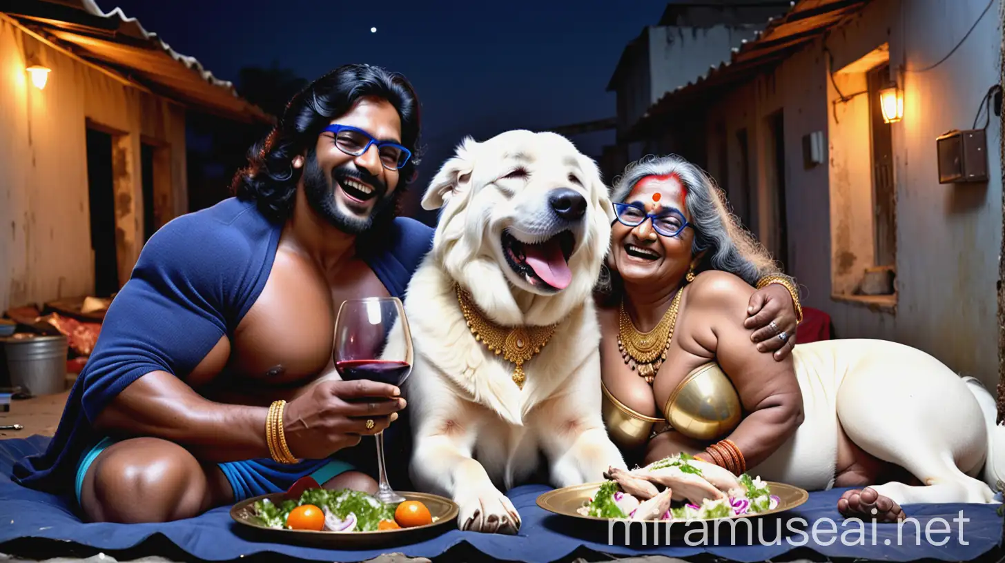 Indian Bodybuilder and Curvy Woman Sleeping with Tandoori Chicken and Dog in Old Building